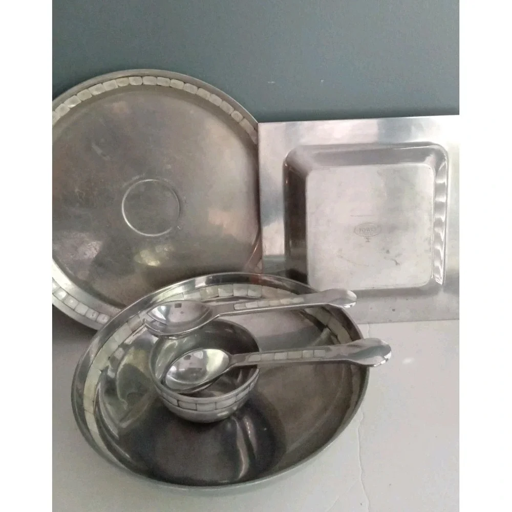 Towel Mother of Pearl Inlay Serving Set Bowl‎ Tray Spoon Vintage